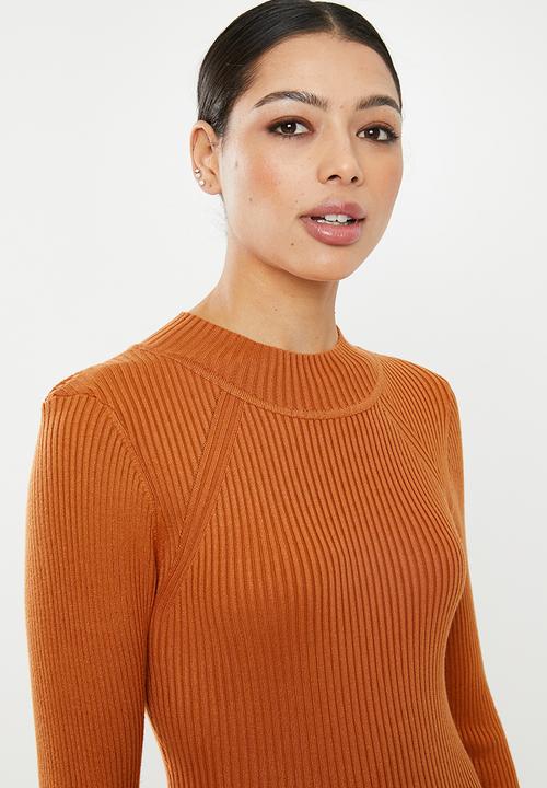 Missguided - Ribbed funnel neck side split midi dress - orange