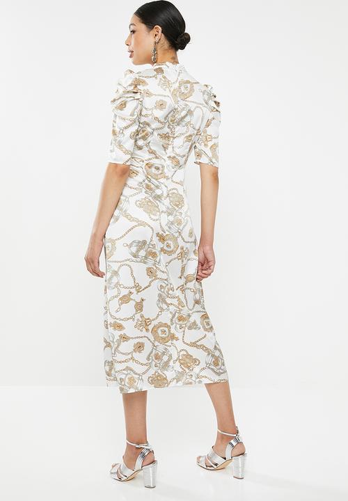 Missguided - High neck chain print aline midi - white & gold