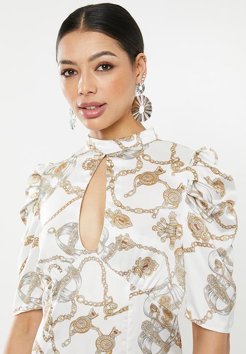 Missguided - High neck chain print aline midi - white & gold