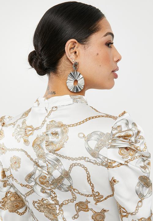 Missguided - High neck chain print aline midi - white & gold