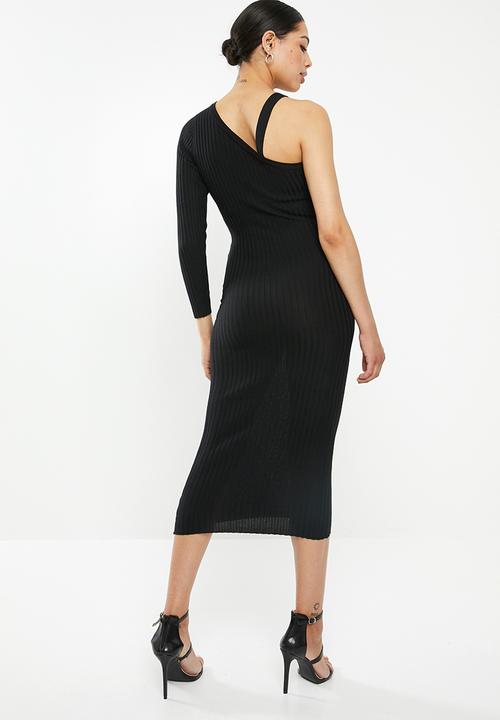 Missguided - One shoulder asymmetric midi dress - black