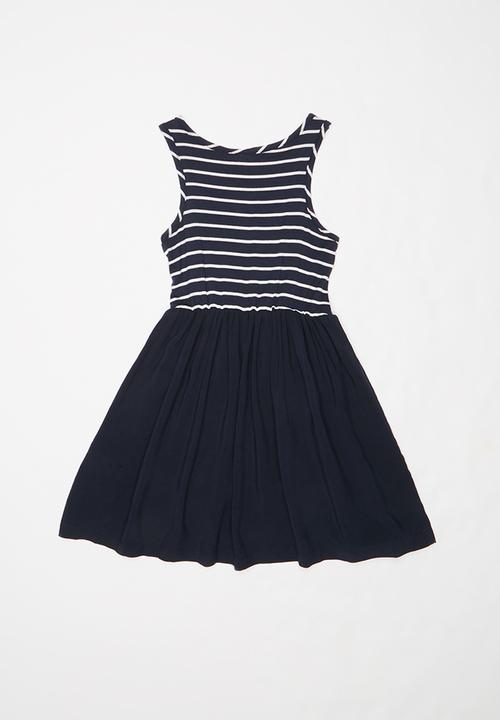 Pop Candy - Girls combo fabric dress with pockets - navy & white