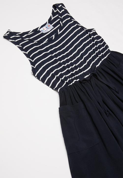 Pop Candy - Girls combo fabric dress with pockets - navy & white