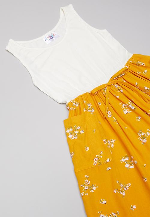 Pop Candy - Combo fabric dress with pockets - cream & yellow 