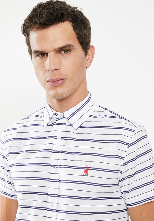 POLO - Richard horizontal stripe signature short sleeve shirt - white & navy 