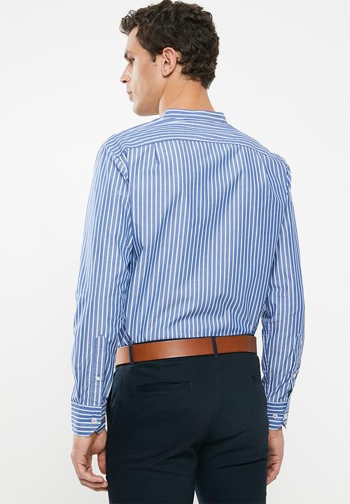 POLO - Xander mandarin chambray stripe signature ls shirt - navy & blue