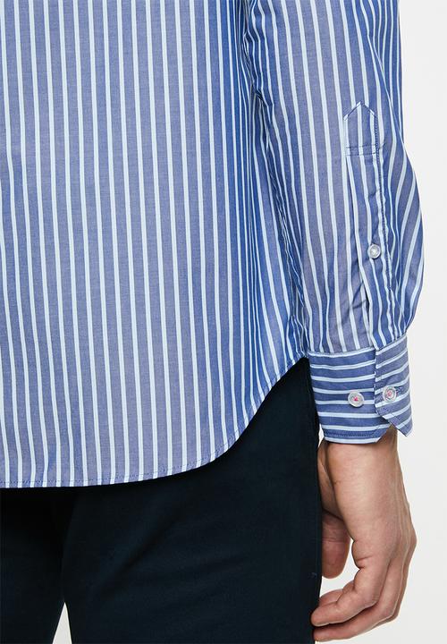 POLO - Xander mandarin chambray stripe signature ls shirt - navy & blue