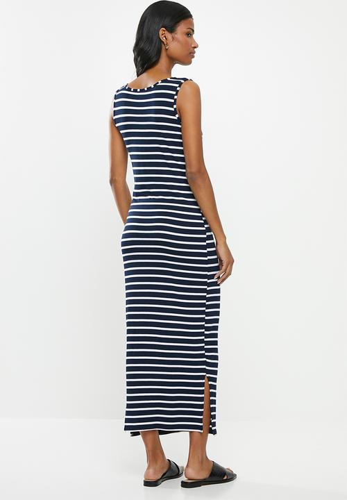 Cherry Melon - Maternity Maxi tank dress with side slit - navy & white