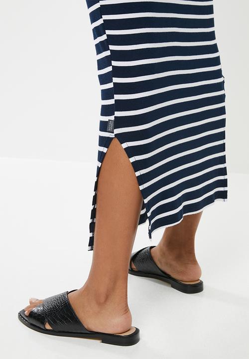 Cherry Melon - Maternity Maxi tank dress with side slit - navy & white