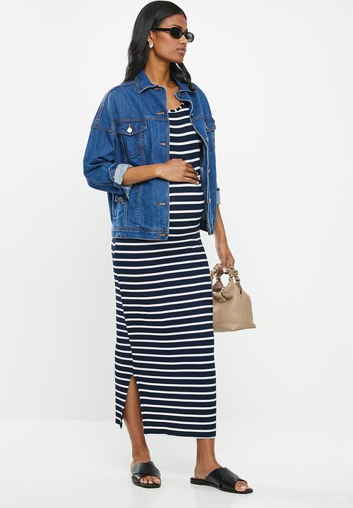 Cherry Melon - Maternity Maxi tank dress with side slit - navy & white