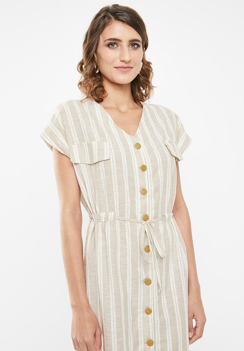 edit - Linen button through dress - beige & white 