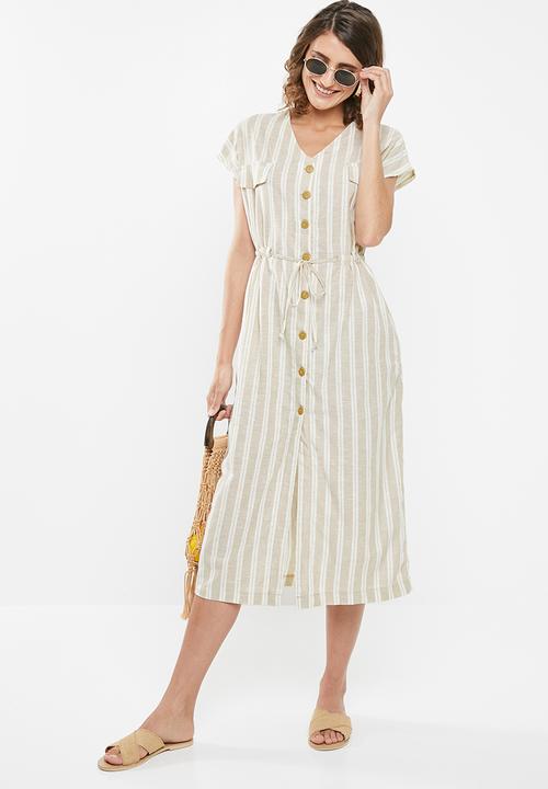 edit - Linen button through dress - beige & white 