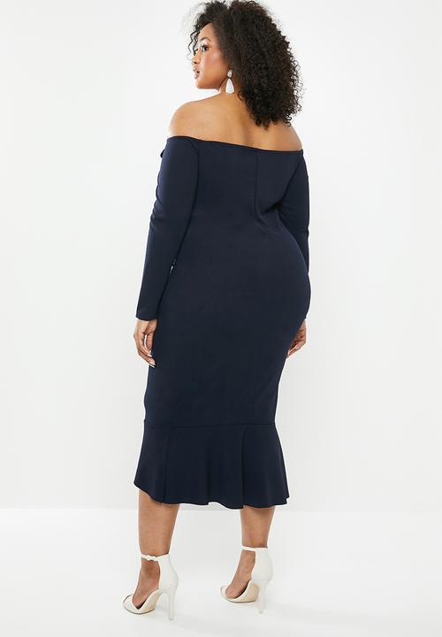 Missguided - Plus bardot long sleeve fishtail midi - navy