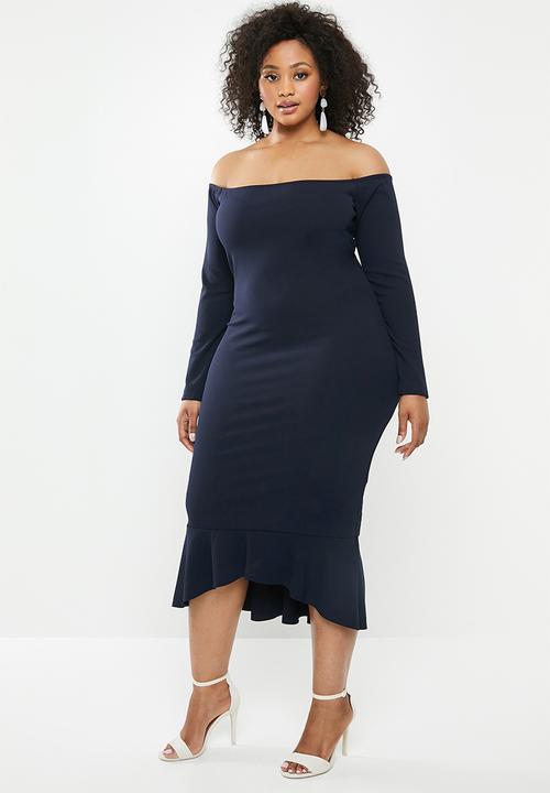 Missguided - Plus bardot long sleeve fishtail midi - navy