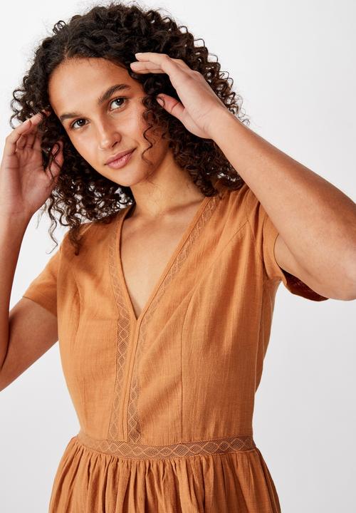 Cotton On - Woven harlow short sleeve mini dress - orange