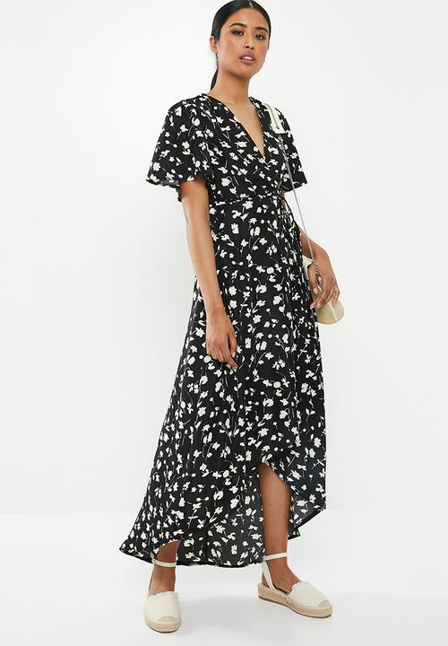 Missguided - High low wrap midi dress floral - black
