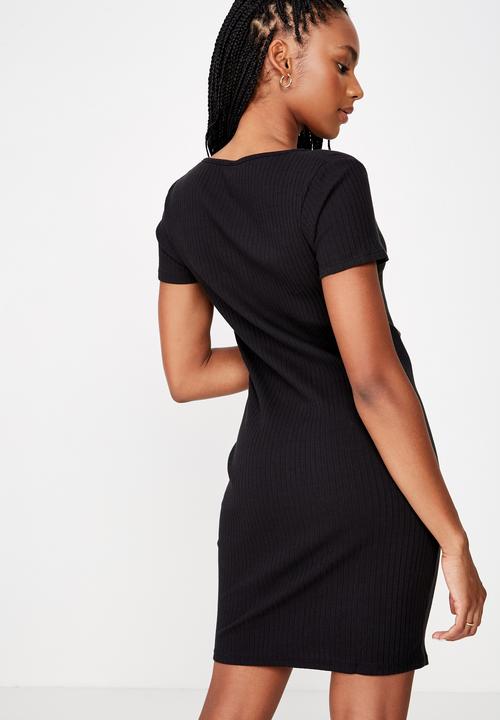 Factorie - Button thru short sleeve rib dress - black