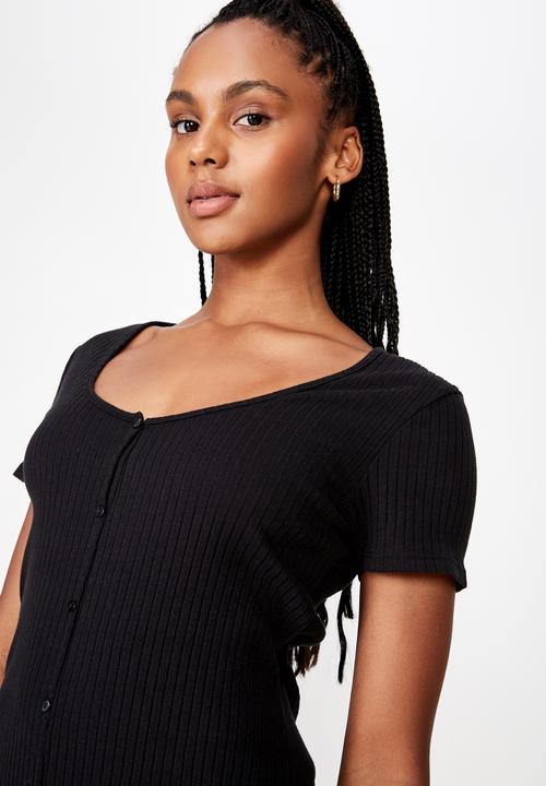 Factorie - Button thru short sleeve rib dress - black