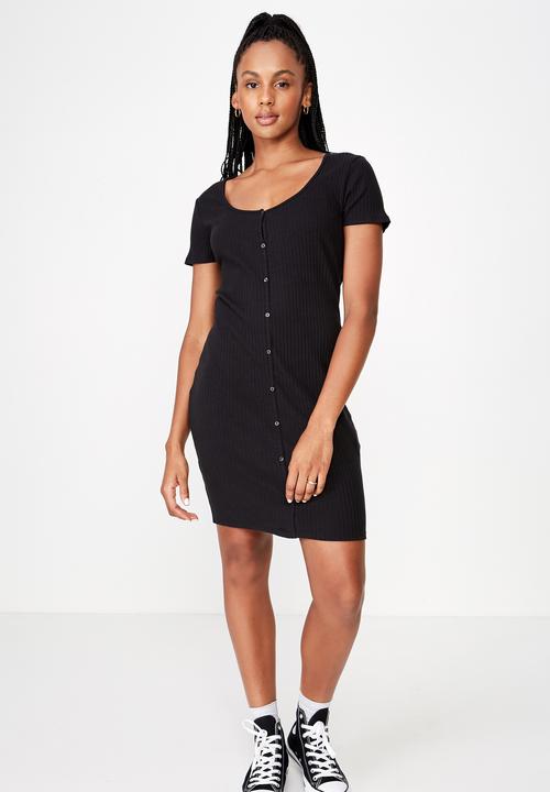 Factorie - Button thru short sleeve rib dress - black