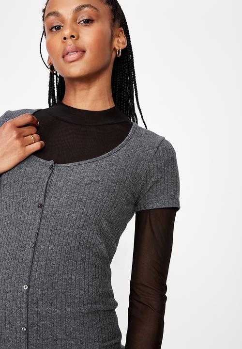 Factorie - Button thru short sleeve rib dress - charcoal 
