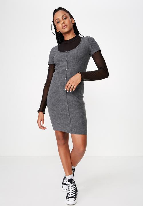 Factorie - Button thru short sleeve rib dress - charcoal 