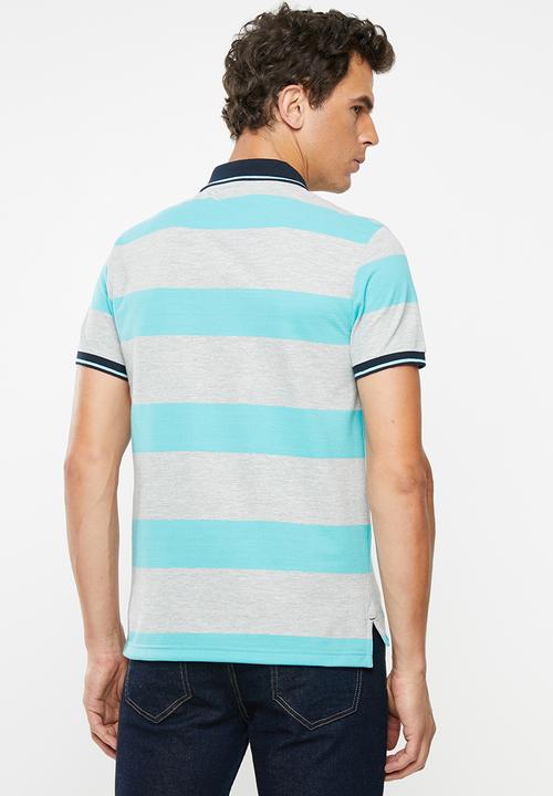 POLO - Matthew custom fit short sleeve feeder stripe golfer - blue & grey 