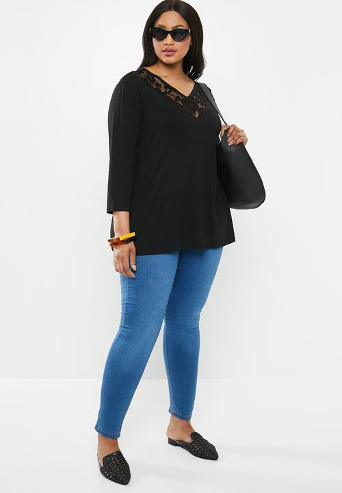 edit Plus - Lace inset V-neck top - black