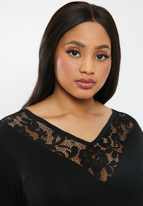edit Plus - Lace inset V-neck top - black
