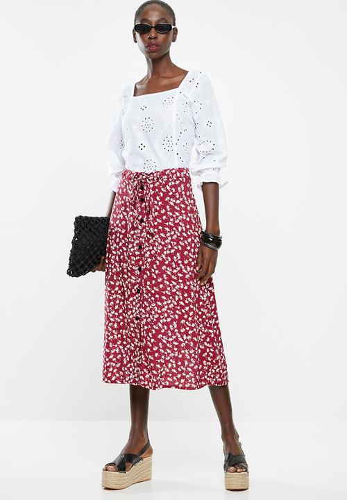 Superbalist - Button through midi skirt - burgundy & white 