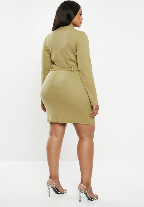 Missguided - Plus roll neck rib belted long sleeve mini dress - khaki