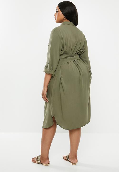edit Plus - Tie front button through dress - khaki