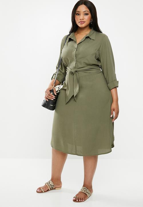 edit Plus - Tie front button through dress - khaki