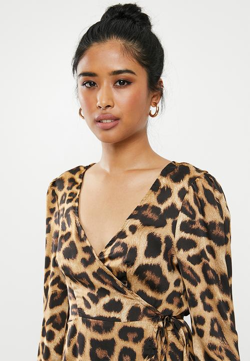 Missguided - High low wrap midi dress ls leopard - mutli 