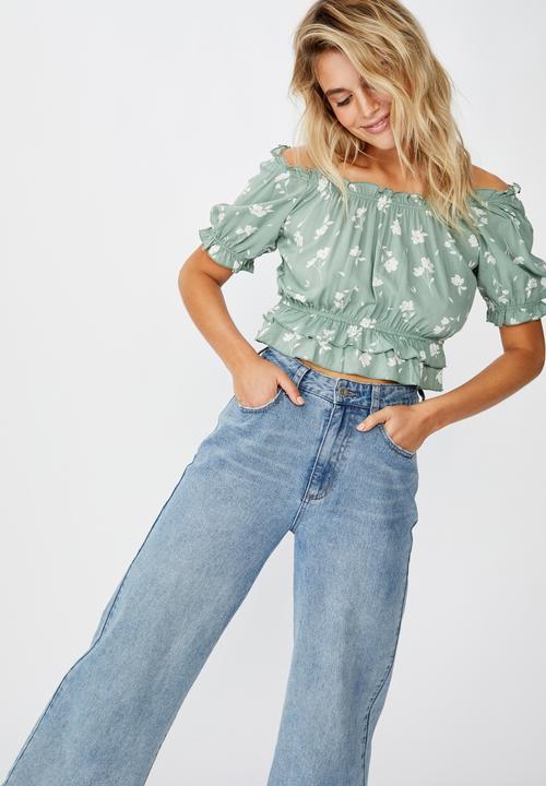 Cotton On - Prairie frill short sleeve blouse - green & white 