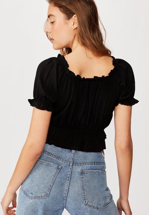Cotton On - Prairie frill short sleeve blouse - black