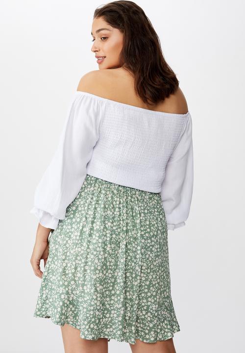 Cotton On - Curve woven coco ruched mini skirt - green & white 