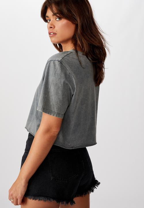 Cotton On - Short sleeve raw edge crop graphic T-shirt - grey