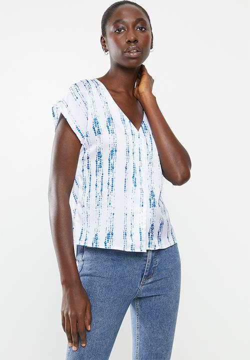 Superbalist - Flute sleeve button down blouse - white & blue 