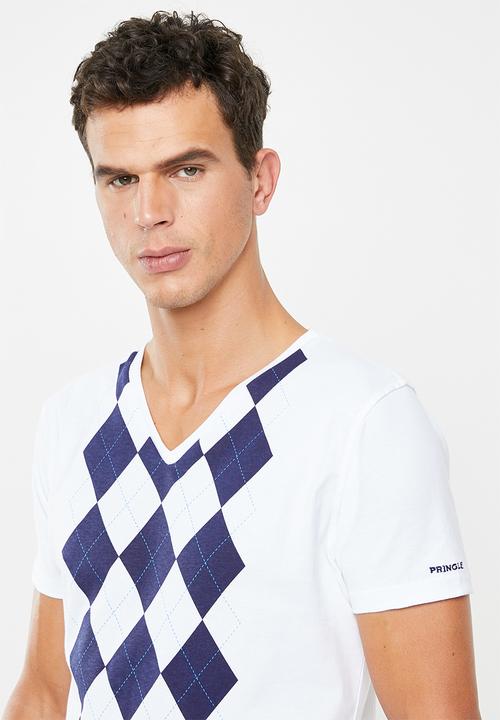 Pringle of Scotland - Begg tartan v-neck tee - white & navy 