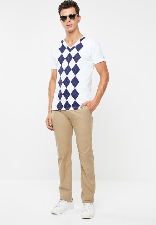 Pringle of Scotland - Begg tartan v-neck tee - white & navy 