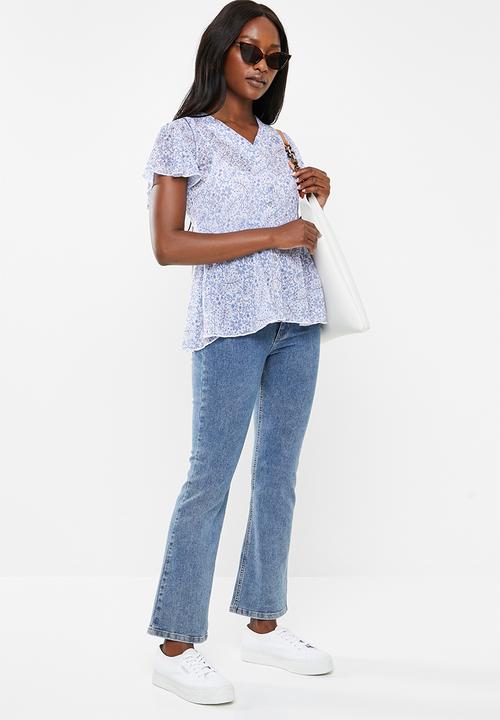 edit - Flutter sleeve button down blouse - multi