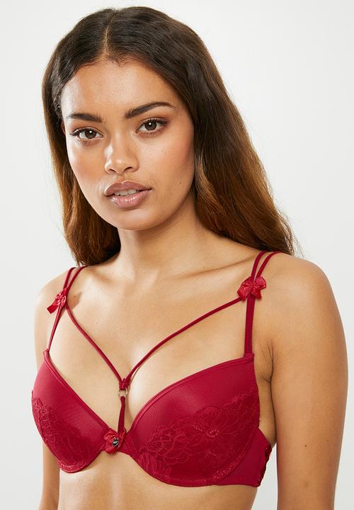 SISSY BOY - Lace and mesh tshirt bra with strapping detail - red