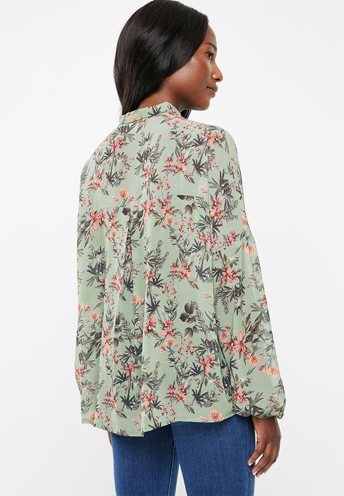 edit - Peasant blouse with neck tie -  green