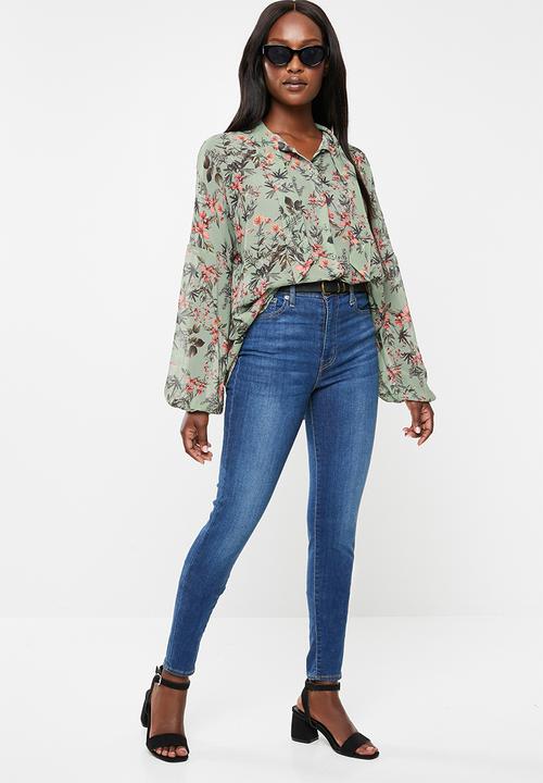edit - Peasant blouse with neck tie -  green