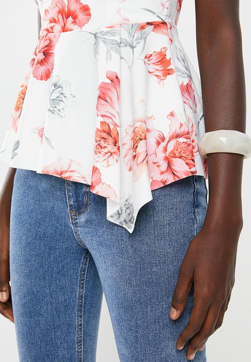 New Look - Agnes peplum top - white & coral