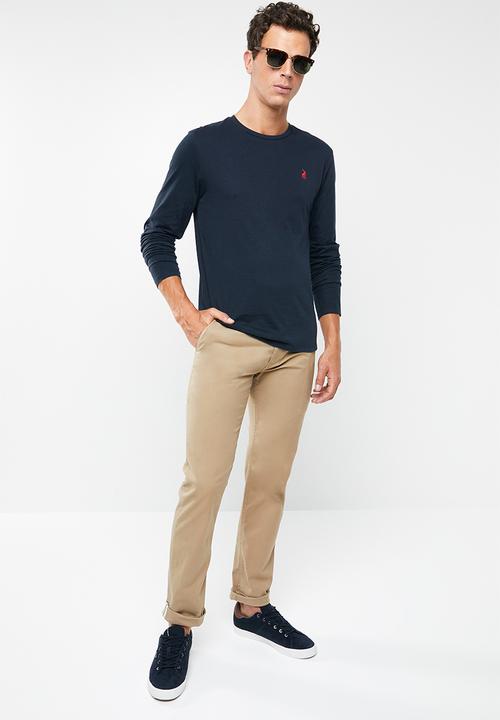 POLO - William self stripe long sleeve V-neck T-shirt - navy