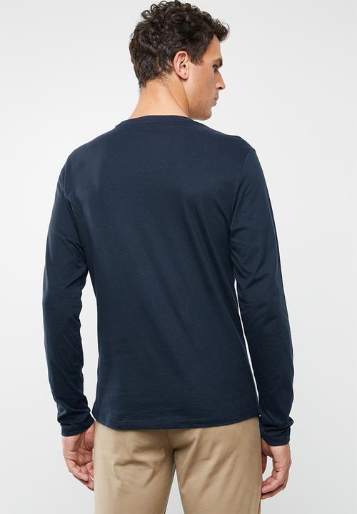 POLO - William self stripe long sleeve V-neck T-shirt - navy