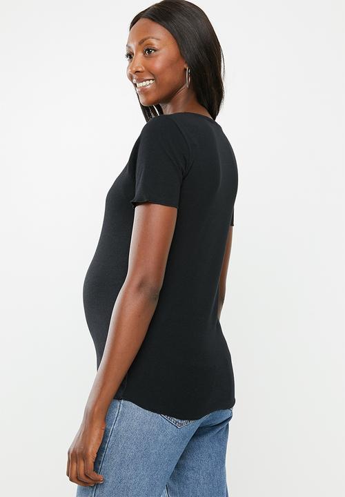 Cotton On - Maternity lettuce edge scoop short sleeve top - black