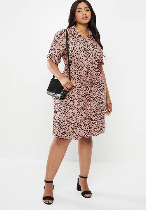 New Look - Curves drawcord elma print dress - pink & black 