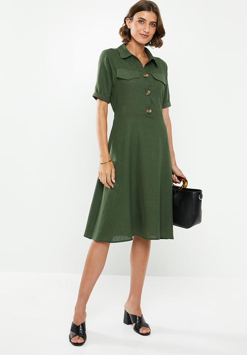 khaki linen shirt dress